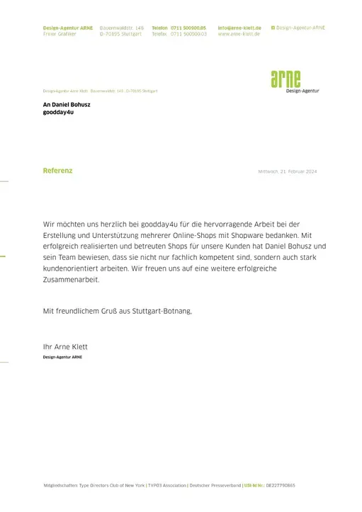 List referencyjny od Design-Agentur ARNE, strona 1