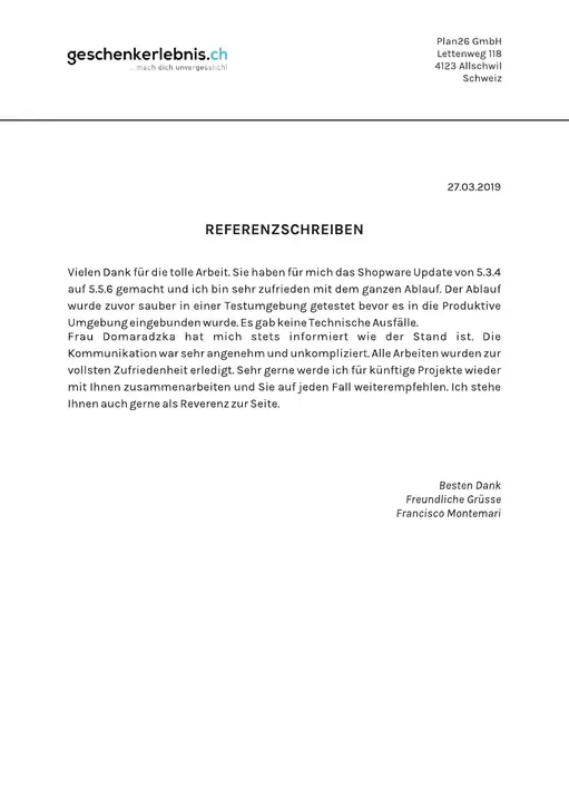 List referencyjny od Geschenkerlebnis.ch, strona 1
