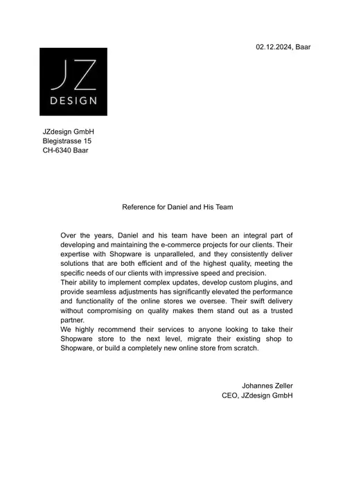 List referencyjny od JZdesign GmbH, strona 1