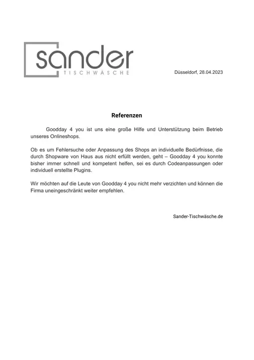 List referencyjny od Sander-Tischwäsche.de, strona 1