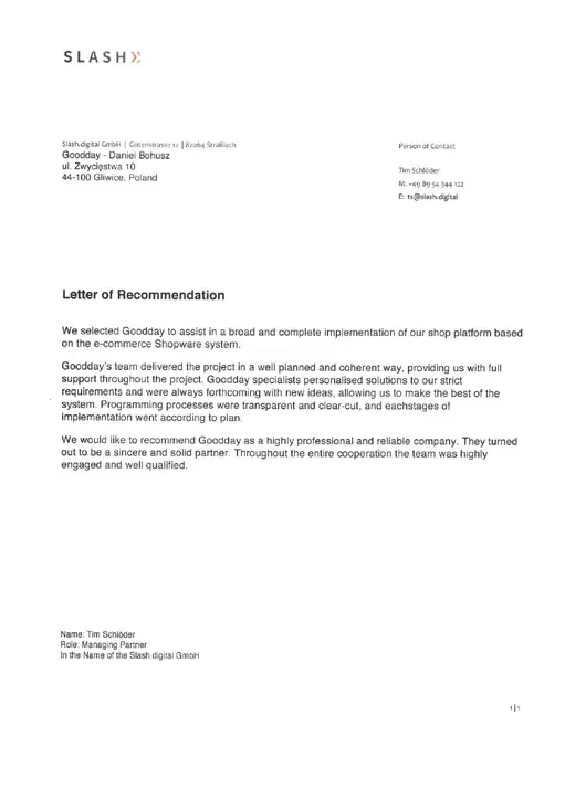 List referencyjny od Slash Digital GmbH, strona 1